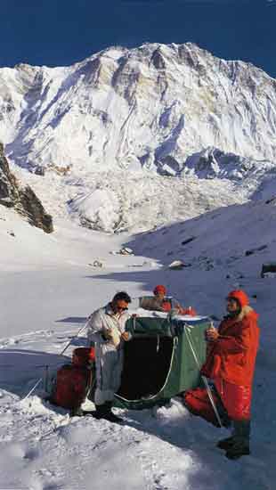 
Don Whillans and Mick Burke at base camp with Annapurna South Face behind - Chris Bonington Mountaineer book
